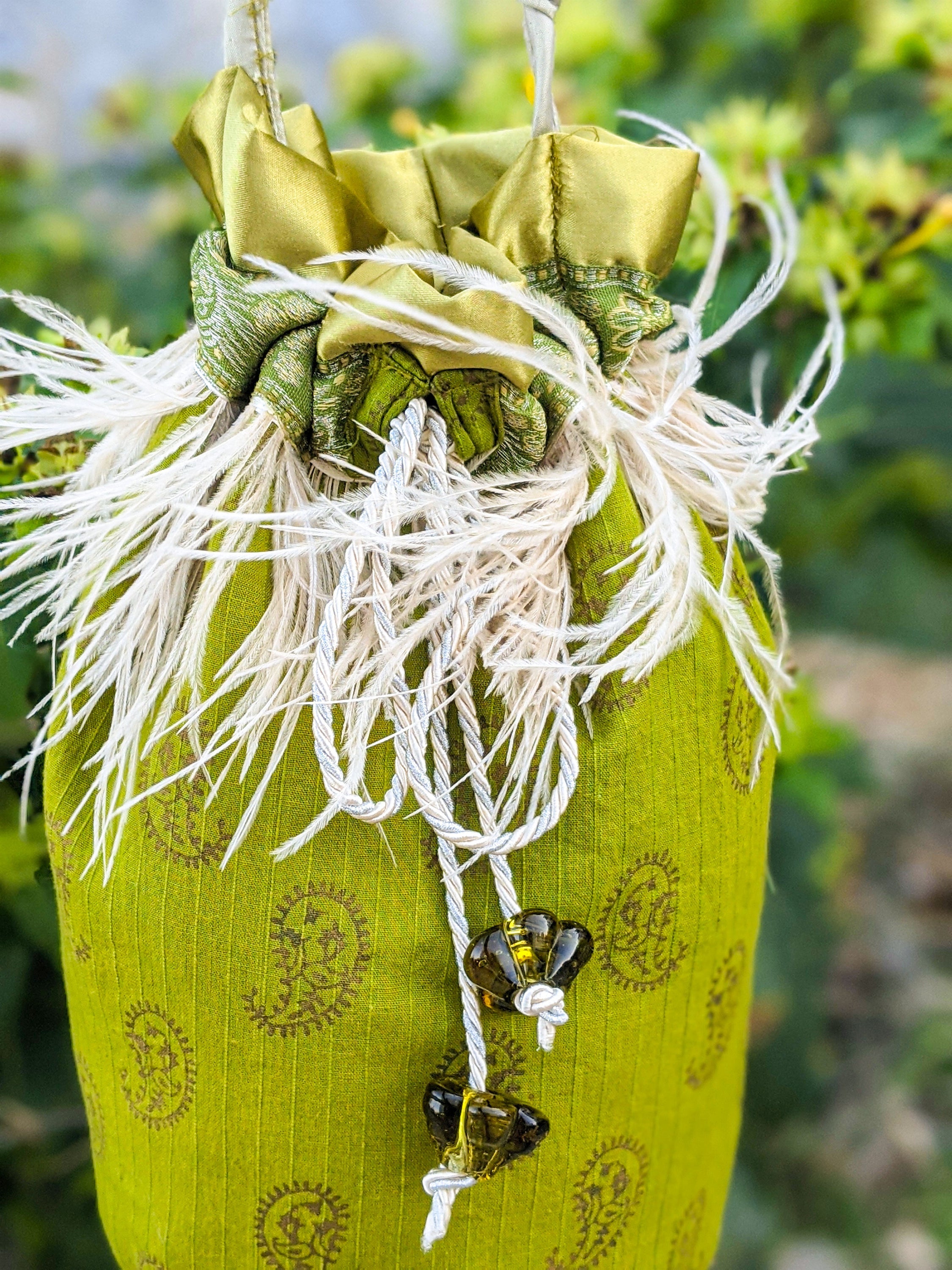 Silk pouch bag with glass beads and fringes