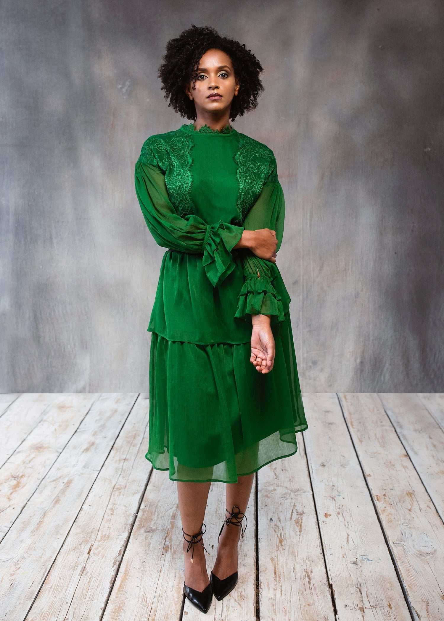 Green Lace Dress BethAle London, long-sleeved tiered design, elegant everyday wear.