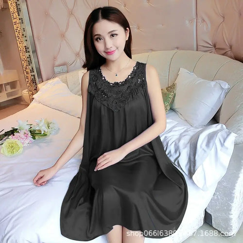Lace Ice Silk Sleeping Dress Medium Length Sleeveless Tank Top Sexy