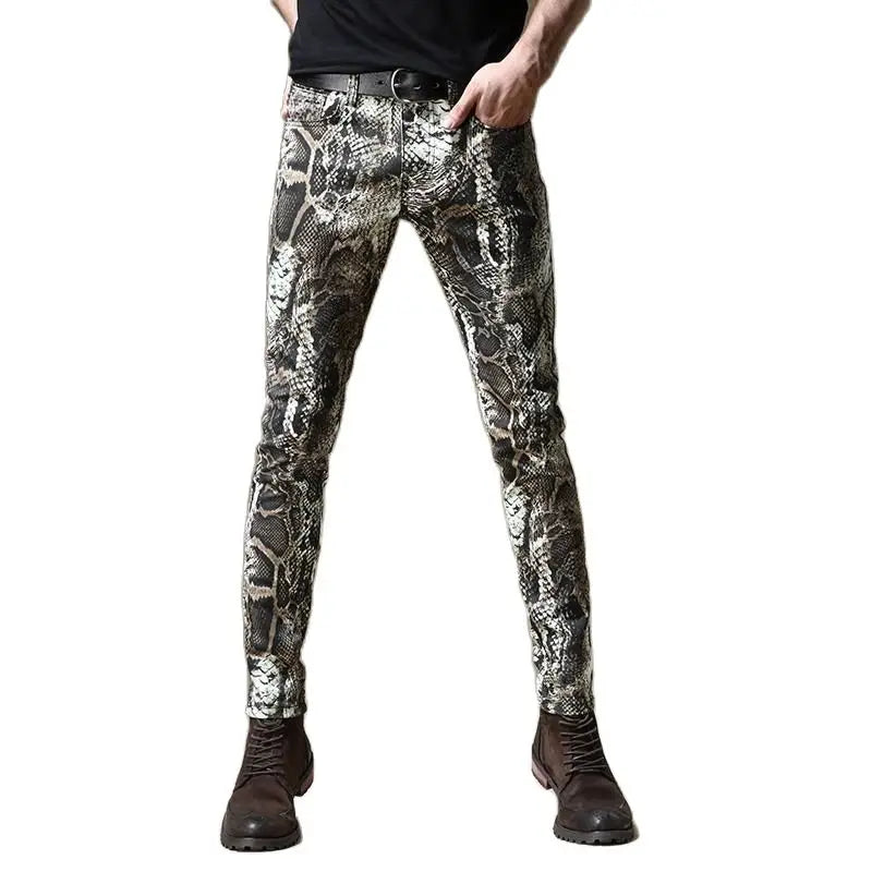 Light Luxury Men’s Street Fashion Snake Skin Print Stretch Jeans,Korea
