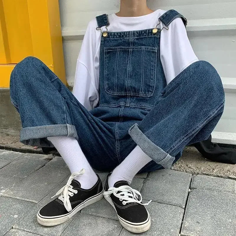 Korean Loose Denim Overalls Women Spring Autumn Straight Wide Leg