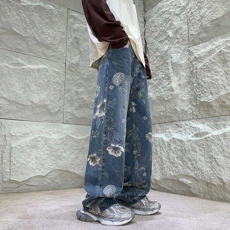 Baggy Flower Jeans Men Fashion Oversized Wide Leg Jeans Men Streetwear