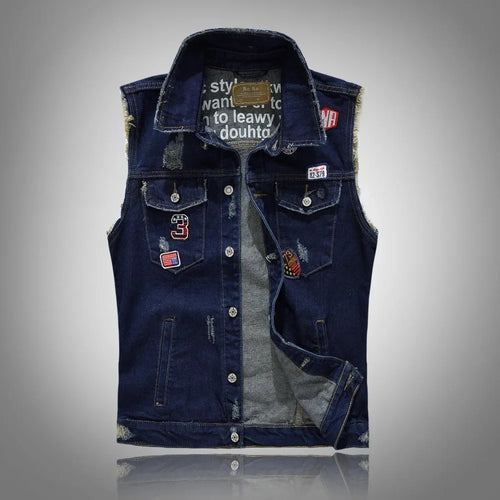 Men Patched Denim Waistcoats Vests Jackets New Fashion Male Fit Coats