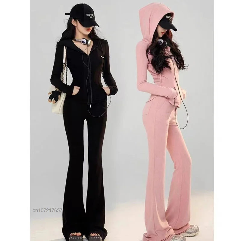 Pink Sweet 2 Pcs Pants Sets for Women Hooded Sweater & Pants Casual