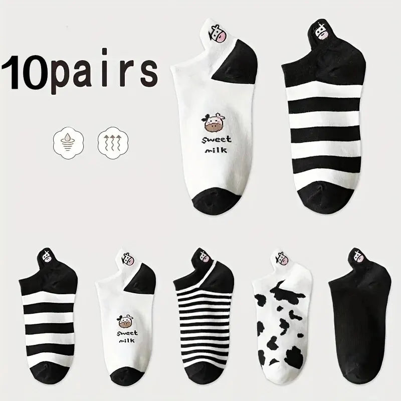10 Pairs Womens Socks Lovely Cow Pattern Short Socks Creative Printing