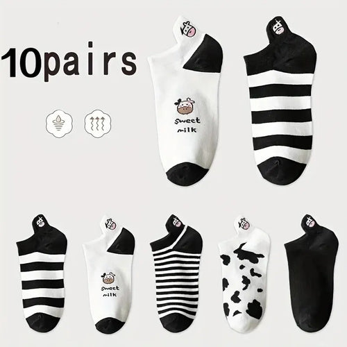 10 Pairs Womens Socks Lovely Cow Pattern Short Socks Creative Printing