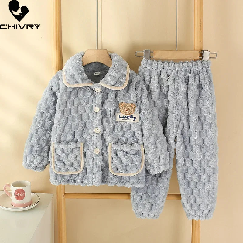 New Kids Boys Girls Autumn Winter Flannel Thicken Pajamas Baby Cartoon