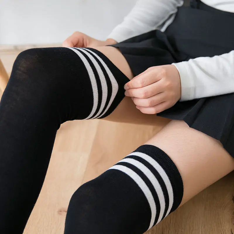 Sexy Black White Striped Long Socks Women Over Knee Thigh High Socks