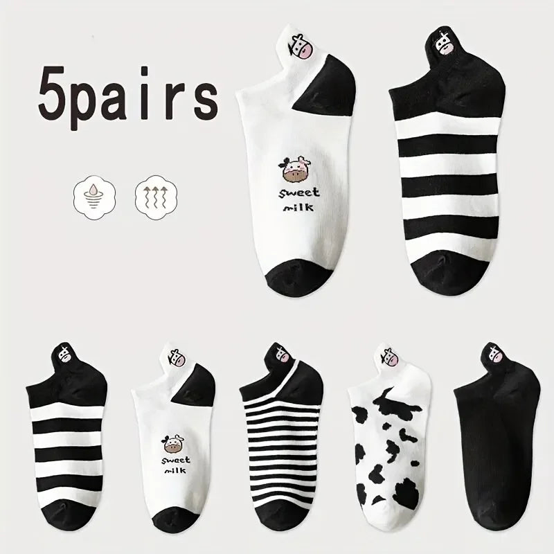 5 Pairs Womens Socks Lovely Cow Pattern Short Socks Creative Printing