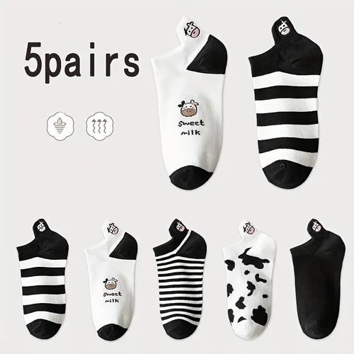 5 Pairs Womens Socks Lovely Cow Pattern Short Socks Creative Printing