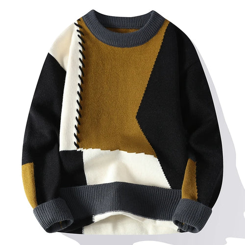 Autumn Winter Warm Mens Knitted Sweaters Fashion Patchwork O Neck Knit