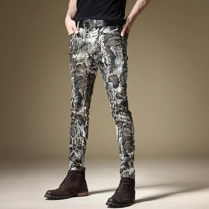 Light Luxury Men’s Street Fashion Snake Skin Print Stretch Jeans,Korea