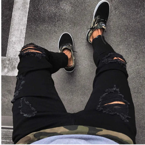 2022 New Skinny Jeans Light Blue Black Ripped Stretch Men&