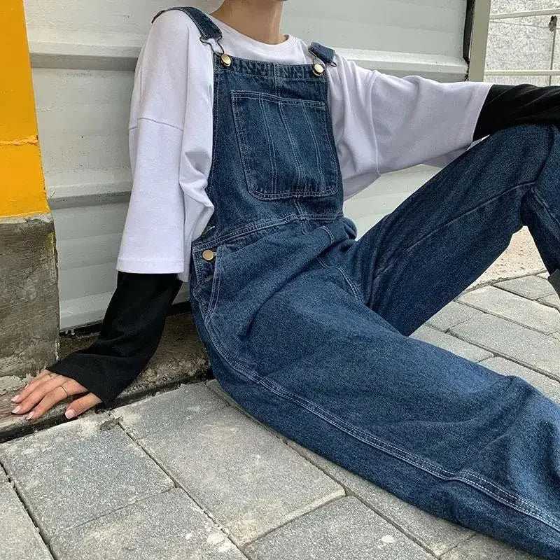 Korean Loose Denim Overalls Women Spring Autumn Straight Wide Leg
