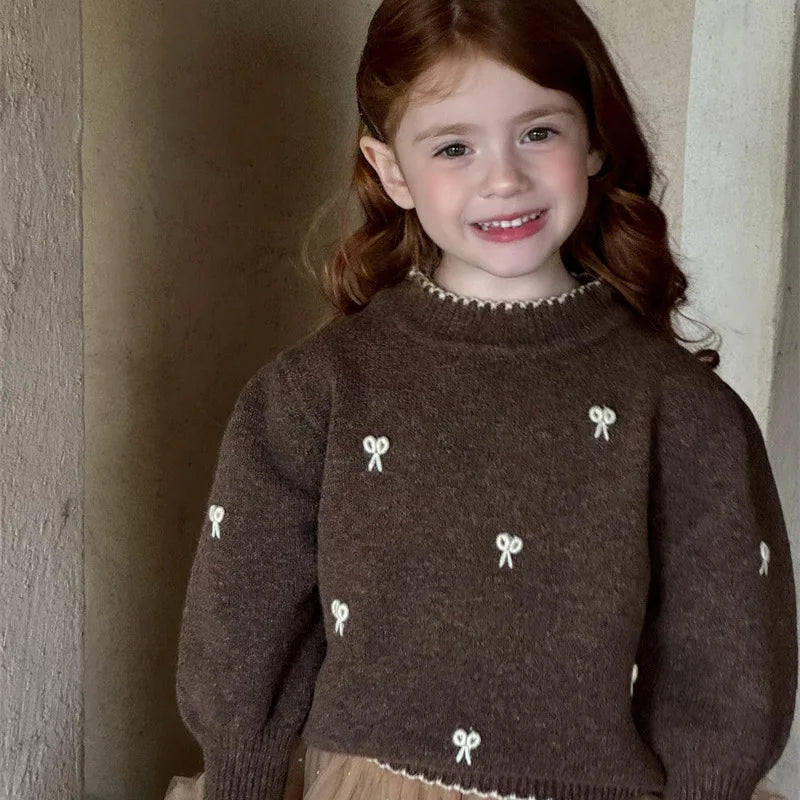 Childrens Sweater Winter New Girl Embroidery Butterfly-knot Lace