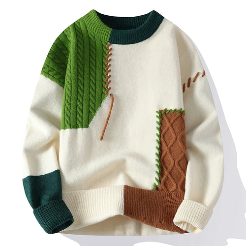 Autumn Winter Warm Mens Knitted Sweaters Fashion Patchwork O Neck Knit