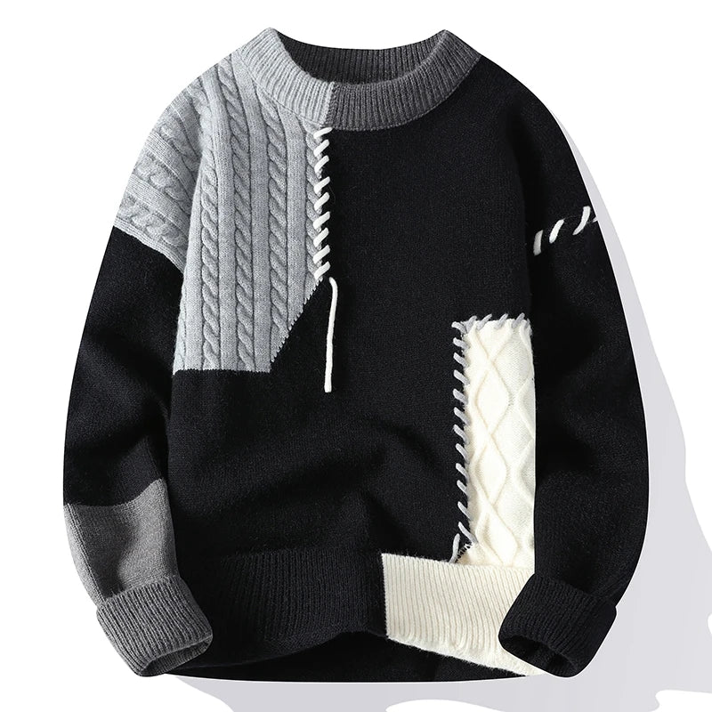 Autumn Winter Warm Mens Knitted Sweaters Fashion Patchwork O Neck Knit