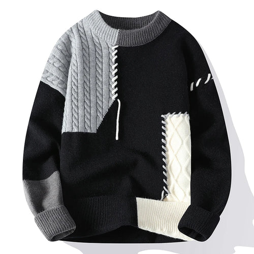 Autumn Winter Warm Mens Knitted Sweaters Fashion Patchwork O Neck Knit