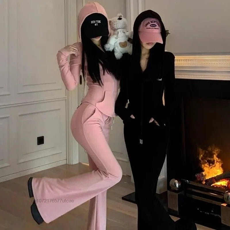 Pink Sweet 2 Pcs Pants Sets for Women Hooded Sweater & Pants Casual