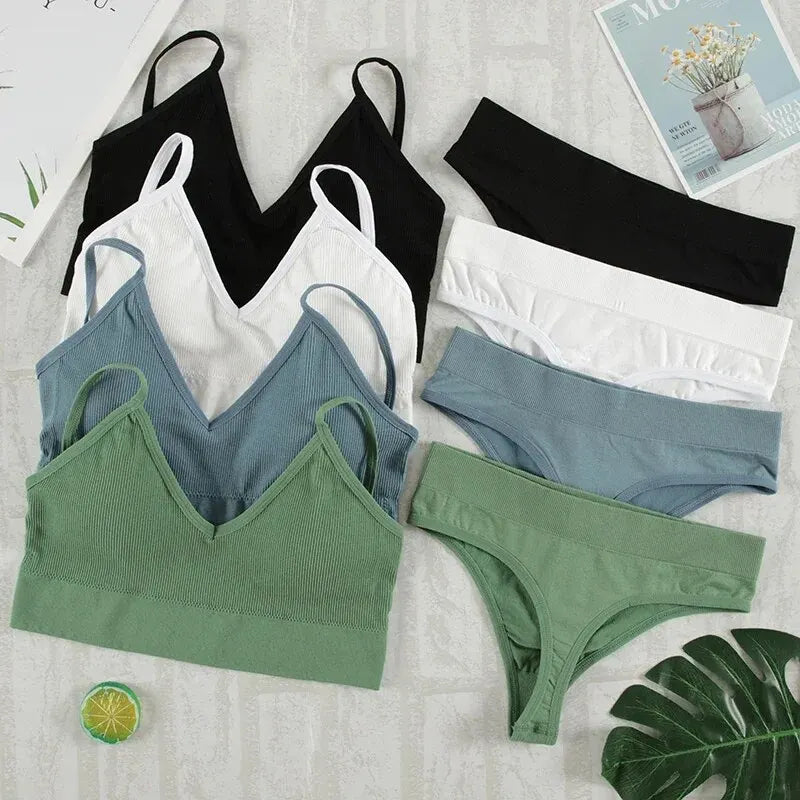 2Pcs bra set in various colors with seamless design and g-string panties for women.