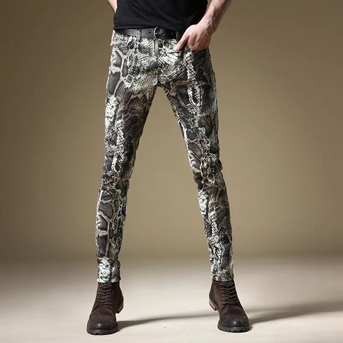 Light Luxury Men’s Street Fashion Snake Skin Print Stretch Jeans,Korea
