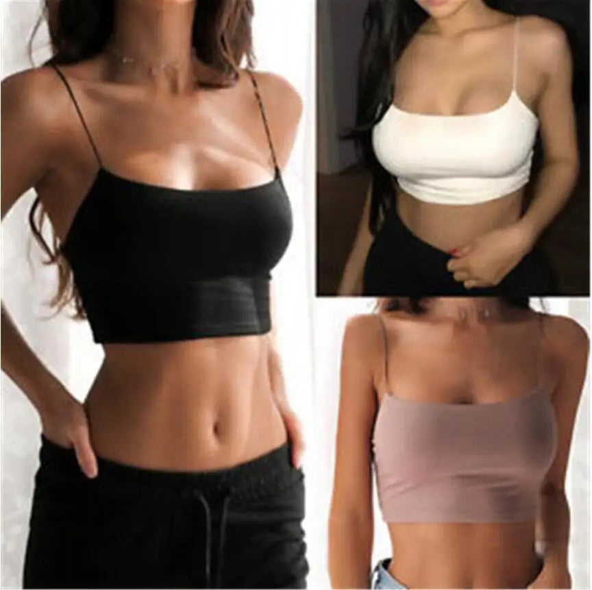 Women wearing summer camisole crop tops; sleeveless, slim sling design.