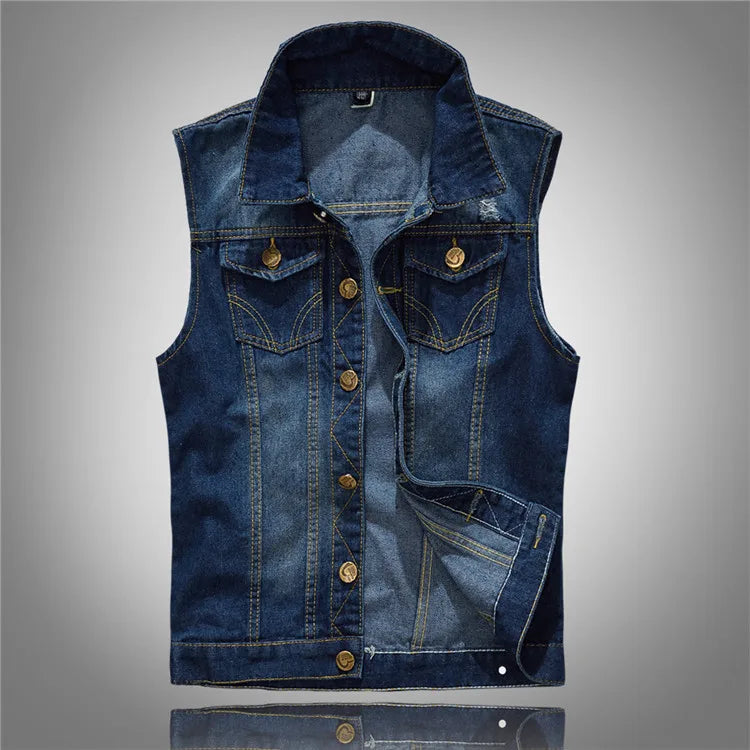 Men Slim Denim Vests Jackets New Fashion Male Blue Fit Denim Coats