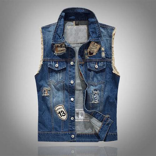 Men Patched Denim Waistcoats Vests Jackets New Fashion Male Fit Denim
