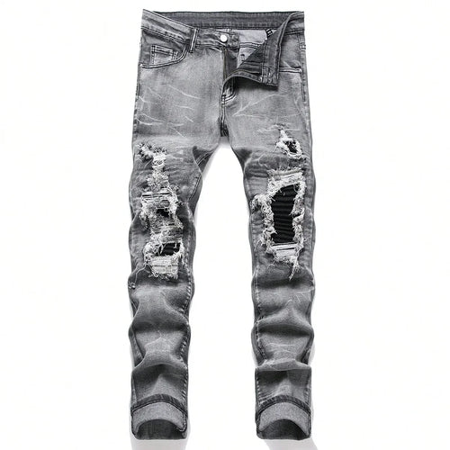 Men‘s Stretchy Denim Jeans Streetwear Tearing Patchwork Holes Ripped