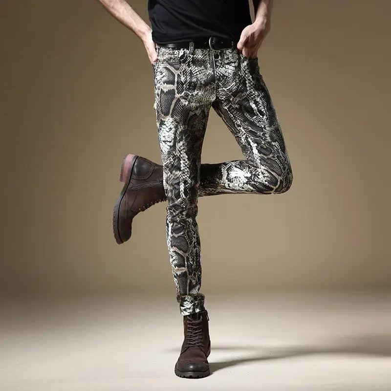 Light Luxury Men’s Street Fashion Snake Skin Print Stretch Jeans,Korea