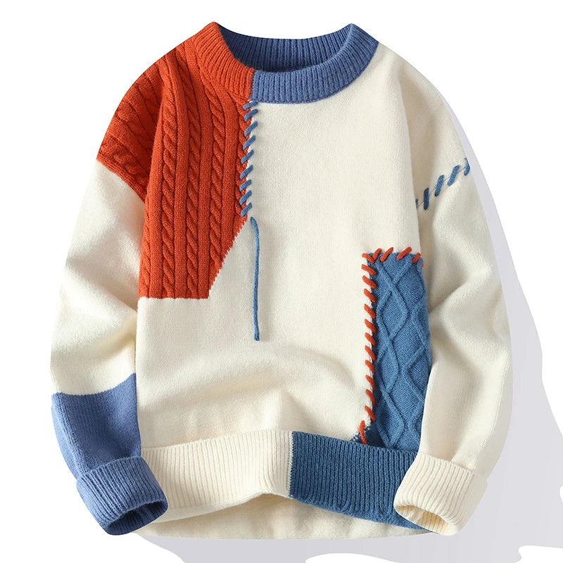 Autumn Winter Warm Mens Knitted Sweaters Fashion Patchwork O Neck Knit