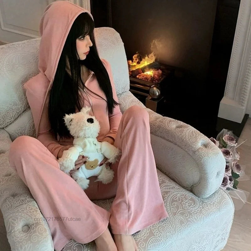 Pink Sweet 2 Pcs Pants Sets for Women Hooded Sweater & Pants Casual