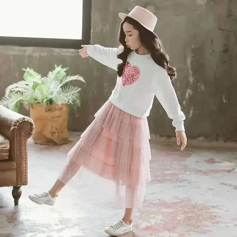 Fashion Girls Dress 2024 Spring Autumn Kids Sweater + Dress 2PCS