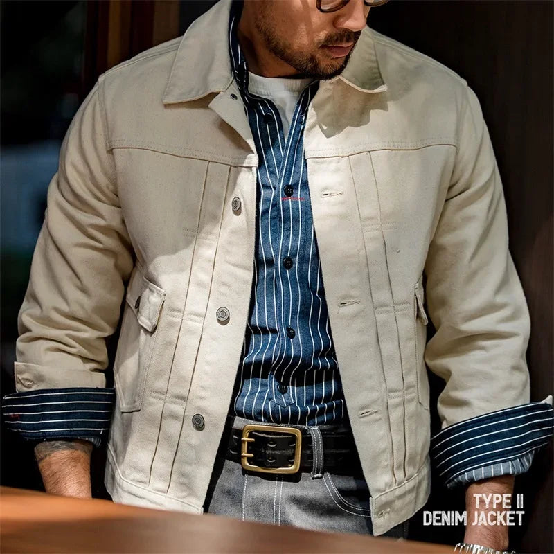 Maden Retro Jeans Jacket Men Amekaji Denim Coat Cotton 100% Slim Fit
