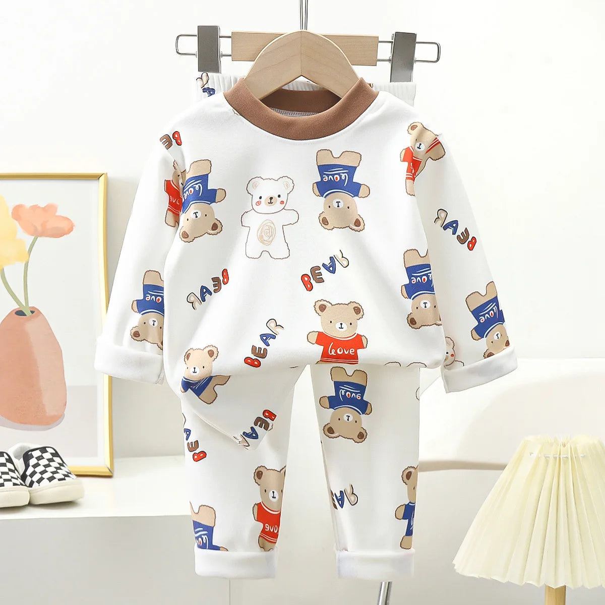 New Kids Autumn Warm Pajamas Boys Girls Cute Cartoon Bear Long Sleeve