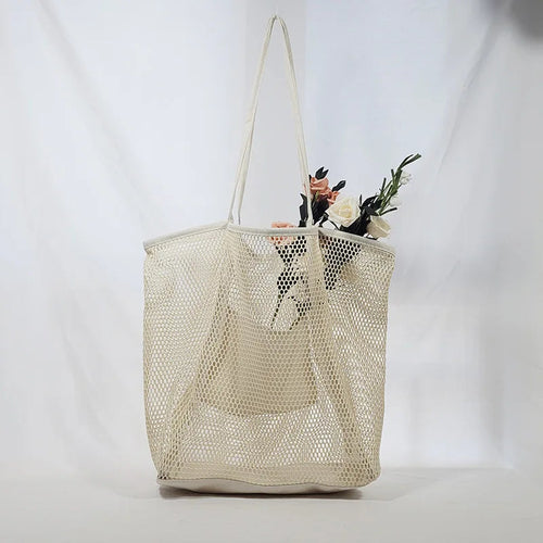 Spring Summer Solid Color Hollow Mesh Tote Bag Large Capacity Travel