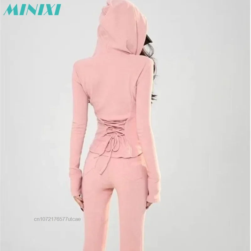 Pink Sweet 2 Pcs Pants Sets for Women Hooded Sweater & Pants Casual