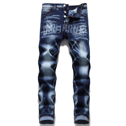 Light Luxury Men’s Slim-fit Stretch Blue Denim Pants,Printing Decors