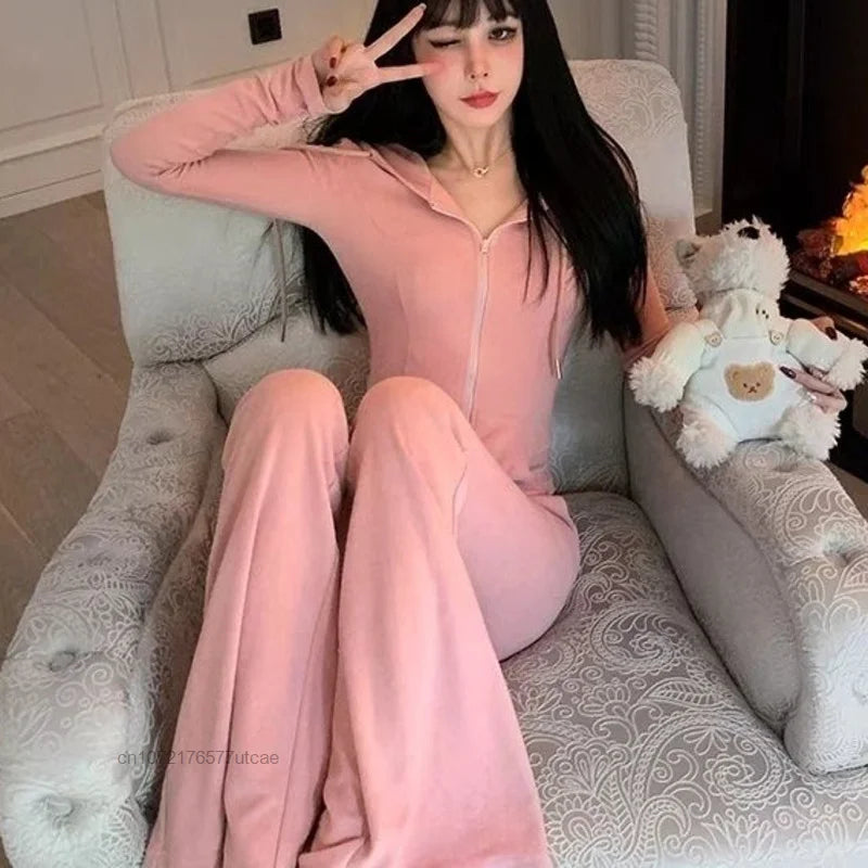 Pink Sweet 2 Pcs Pants Sets for Women Hooded Sweater & Pants Casual