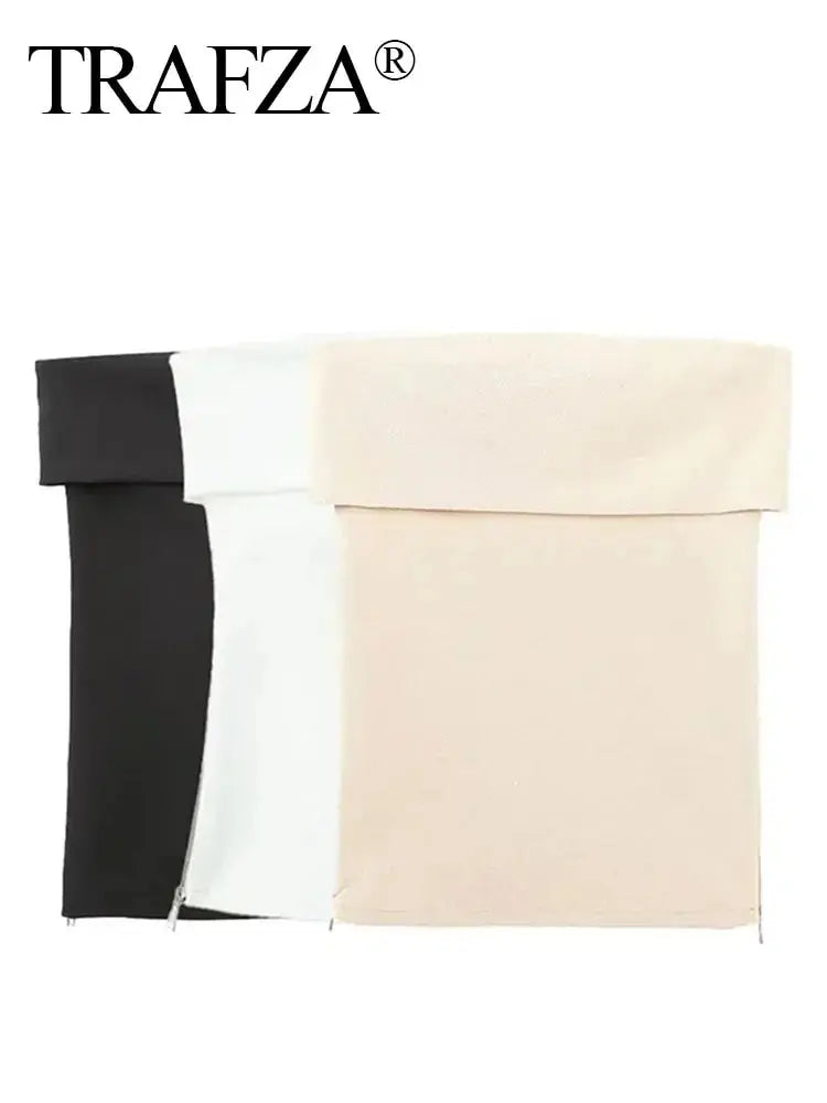 TRAFZA summer women knit corset tops in elegant solid tube crop style, available in black, white, and beige.