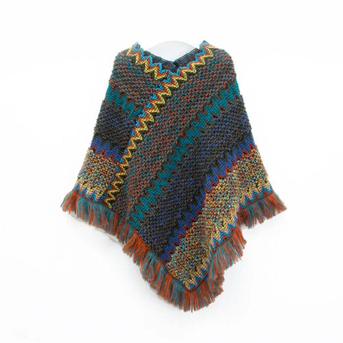 Patchwork Shawl Knitted Striped Print Cardigans Women Poncho Autumn