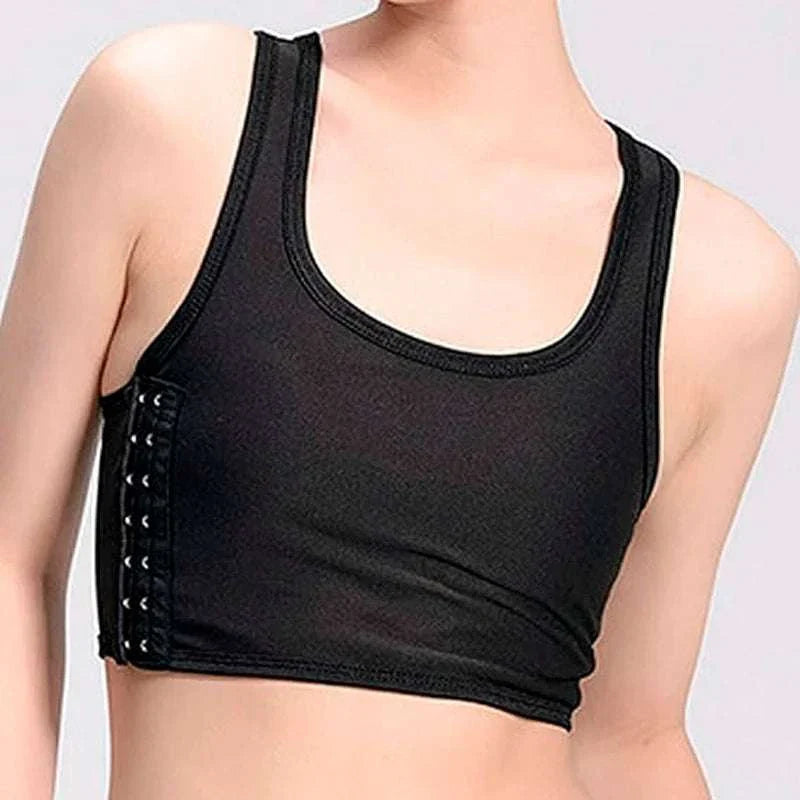 Flat breast binder in black, seamless short vest for women, offering summer comfort.
