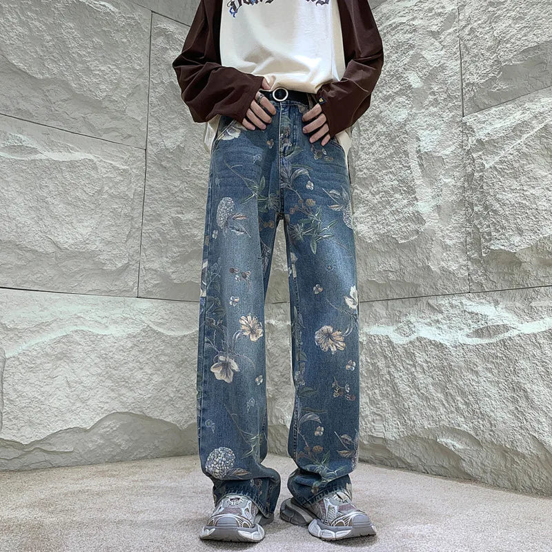Baggy Flower Jeans Men Fashion Oversized Wide Leg Jeans Men Streetwear