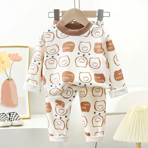 New Kids Autumn Warm Pajamas Boys Girls Cute Cartoon Bear Long Sleeve