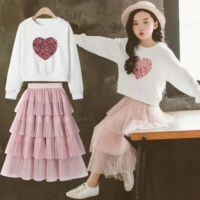 Fashion Girls Dress 2024 Spring Autumn Kids Sweater + Dress 2PCS