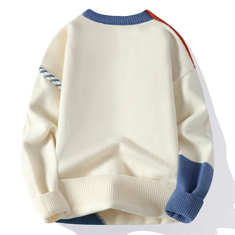 Autumn Winter Warm Mens Knitted Sweaters Fashion Patchwork O Neck Knit