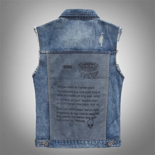 Men Patched Denim Waistcoats Vests Jackets New Fashion Male Fit Denim