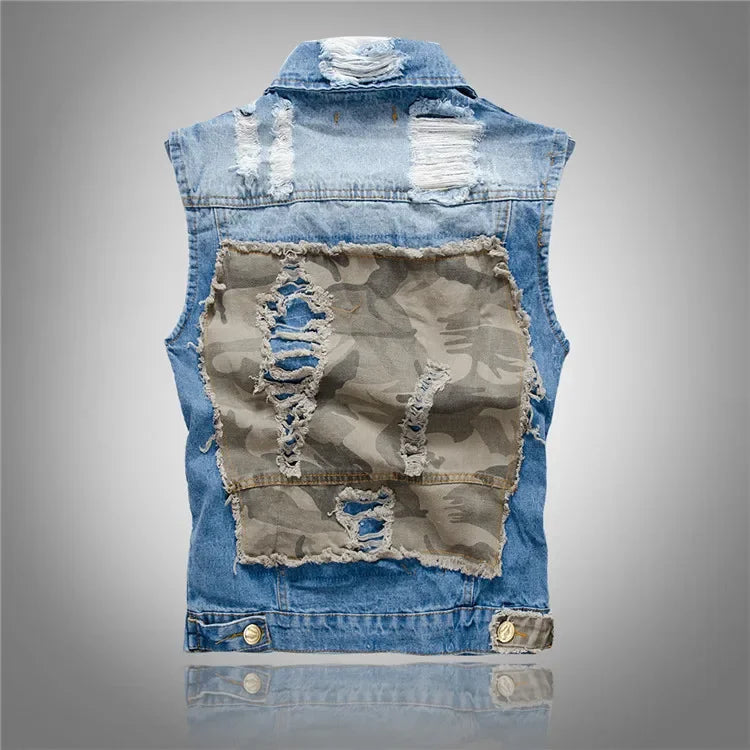Men Patched Denim Waistcoats Vests Jackets New Fashion Male Fit Coats