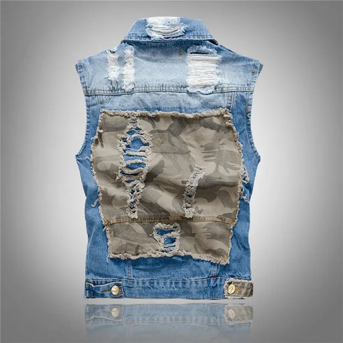 Men Patched Denim Waistcoats Vests Jackets New Fashion Male Fit Coats