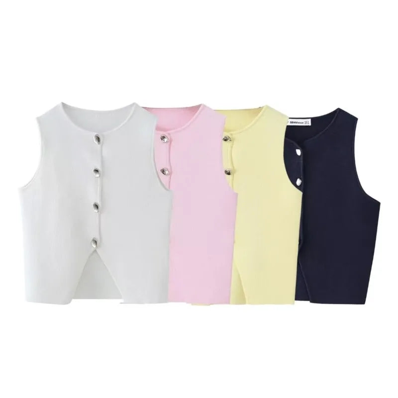 Women fashion short waistcoat, sleeveless, knitted, spring summer style in white, pink, yellow, and black.